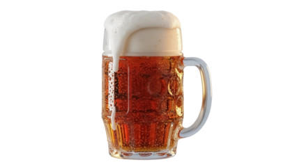 Beer mug with overflowing foam isolated PNG on transparent background, refreshing alcoholic beverage for celebrations and Oktoberfest