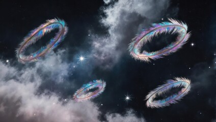 Celestial Rings - Ethereal Orbs Floating Amidst Starry Clouds.