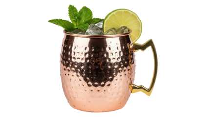 Moscow mule in copper mug PNG isolated, refreshing cocktail with lime and mint on transparent background
