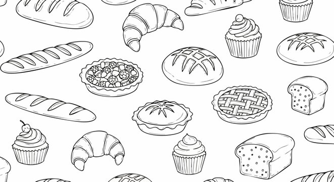 Hand drawn bakery products in a seamless repeating pattern. - Powered by Adobe