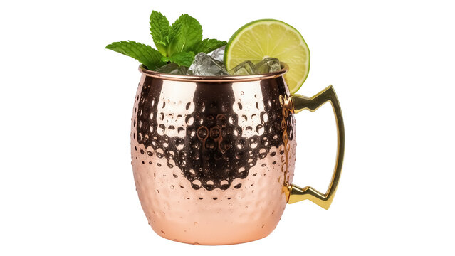Moscow mule in copper mug PNG isolated, refreshing cocktail with lime and mint on transparent background
