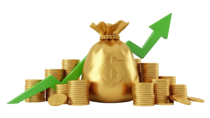 Golden money bag with dollar sign and green arrow isolated PNG, financial growth and investment...