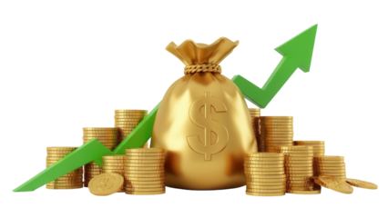 Golden money bag with dollar sign and green arrow isolated PNG, financial growth and investment concept on transparent background