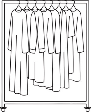 A row of identical long dresses hanging on a clothing rack with a simple outline garments apparel also transparent background