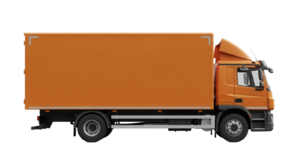 Orange delivery truck PNG isolated on transparent background, commercial vehicle for transporting goods and logistics operations