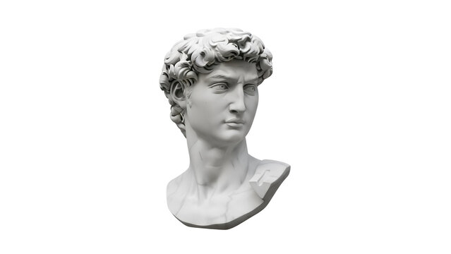 David statue head isolated PNG on transparent background, classical sculpture of Renaissance art for historical and cultural projects