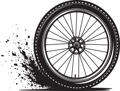 Mountain bike wheel with disc brake spinning and kicking up mud spray on a white background tire motion also transparent background