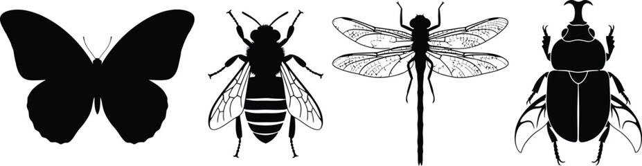 Set of 4 different insect silhouettes butterfly bee dragonfly and beetle top view
