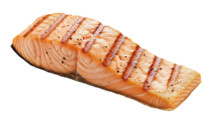 Grilled salmon fillet isolated PNG on transparent background, delicious cooked fish with grill marks for healthy eating and restaurant menus