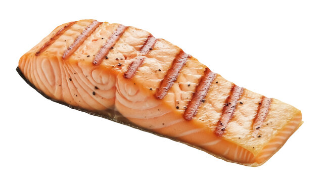 Grilled salmon fillet isolated PNG on transparent background, delicious cooked fish with grill marks for healthy eating and restaurant menus