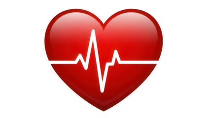 Red heart with heartbeat line isolated PNG, medical symbol for health and love on transparent background, cardiology and healthcare concept