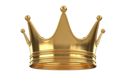 Golden crown isolated PNG on transparent background, royal symbol of power and authority for design projects and regal themes