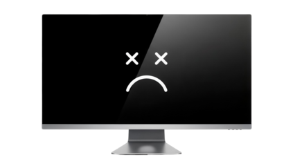Computer monitor with sad face isolated PNG, broken screen with error message for technology and design use