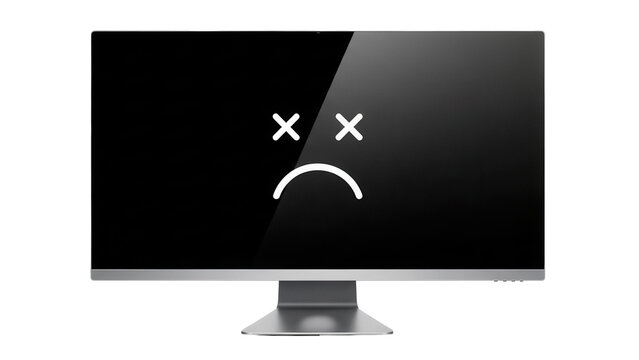 Computer monitor with sad face isolated PNG, broken screen with error message for technology and design use