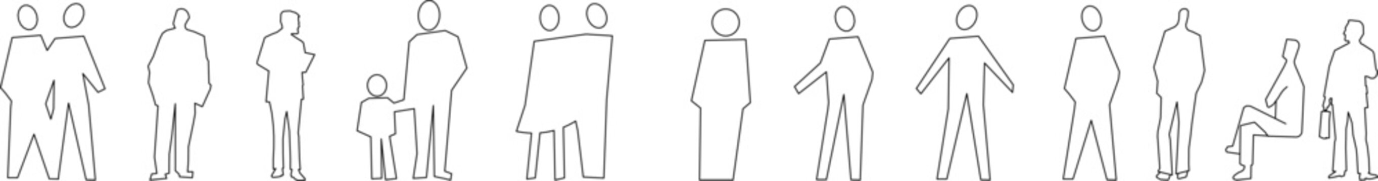 A set of simple vector line drawings featuring diverse people, couples, and parents with children for architectural diagrams and scale reference.