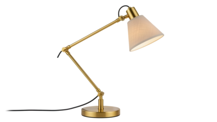Elegant gold desk lamp with adjustable arm isolated PNG, modern lighting fixture for home office or study on transparent background
