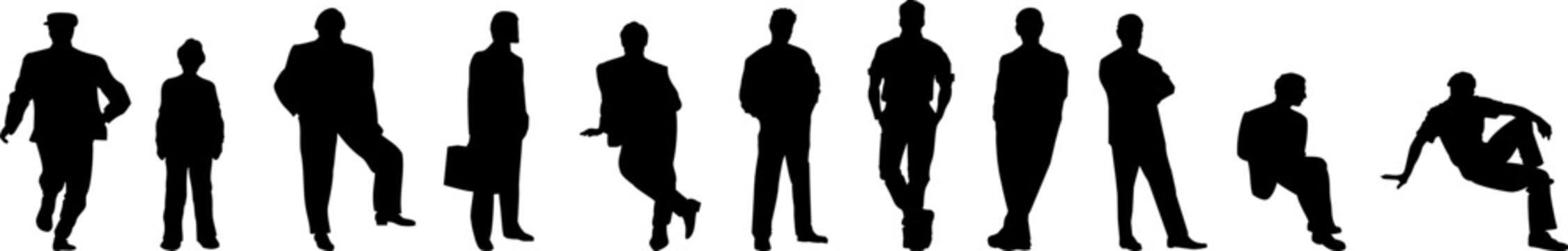 A set of black vector silhouettes featuring men in various poses, including standing, walking, sitting, and leaning, for design layouts.