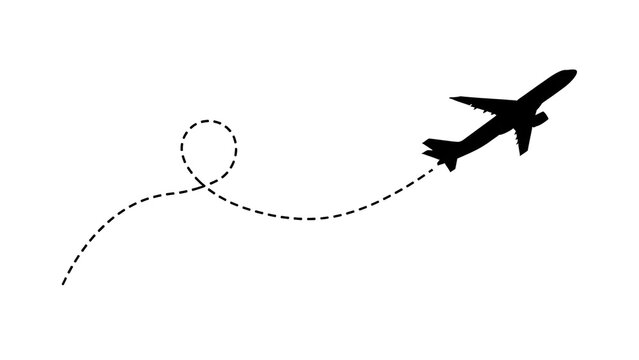 Airplane silhouette with dotted line path isolated PNG, commercial aviation route for travel and tourism design on transparent background