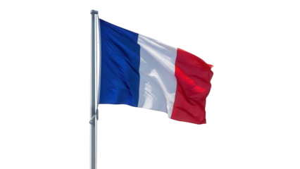 French flag waving isolated PNG on transparent background, national symbol of France for patriotic and travel designs