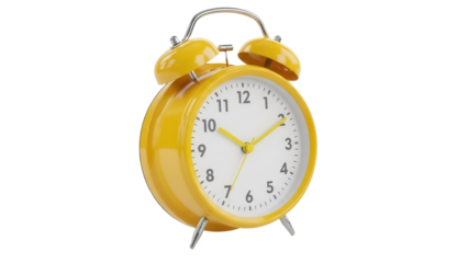 Yellow twin bell alarm clock isolated PNG, retro style timepiece with hour and minute hands for waking up and time management