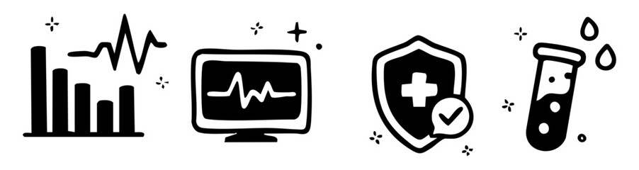 Minimalist Black and White Doodle Icon Set for Healthcare Medical Safety Monitoring and Laboratory