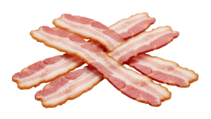 Delicious bacon strips isolated PNG on transparent background, crispy pork meat slices for breakfast and cooking ingredient