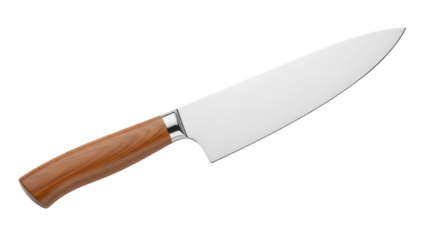 Chef s knife with wooden handle isolated PNG, professional kitchen utensil for cutting and food preparation on transparent background