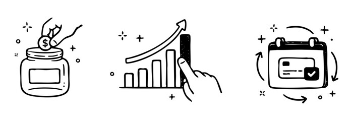 Minimalist Black and White Doodle Icon Set for Business Analytics Performance and Digital Management