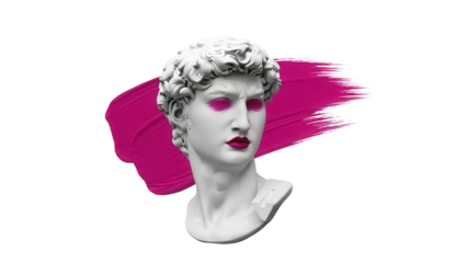 David statue head with pink makeup isolated PNG, classical sculpture on transparent background for modern art and design projects