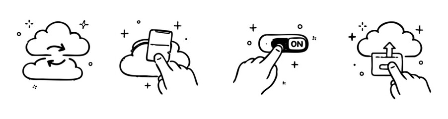 Minimalist Black and White Doodle Icon Set for Cloud Computing Smart Technology and Digital Interaction