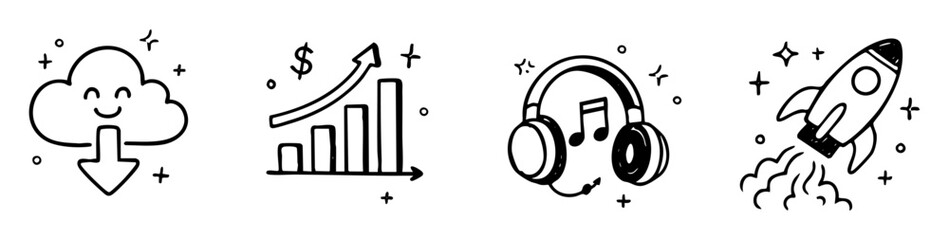 Minimalist Black and White Doodle Icon Set for Business Growth Startup Innovation and Technology