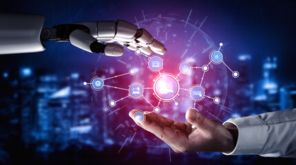 A captivating image showcasing the interaction between a human hand and a robotic hand, symbolizing the fusion of technology and human connection in a digital landscape. Tessel