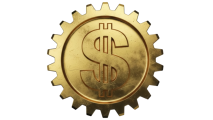 Golden gear with dollar sign isolated PNG, symbol of financial mechanisms and industrial economy on transparent background