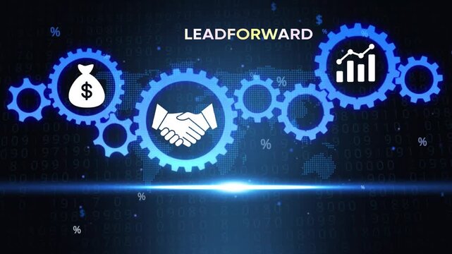 Business growth and finance concept with gears, handshake, money bag, and graph on a digital background with Leadforward branding
