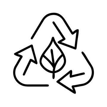 Leaf with recycling symbol inside, showing a cycle of nature and sustainability. Black line icon for ecological design