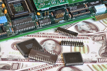 Microchips on US Dollar banknotes. Industry Crisis Concept.