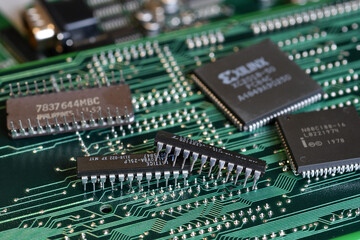 Close up of Microchips on a printed electronic board.