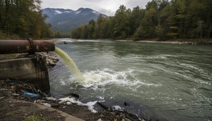 Large rusty pipe discharges thick, foamy, polluted water into a river flanked by a forest and mountains under a cloudy sky