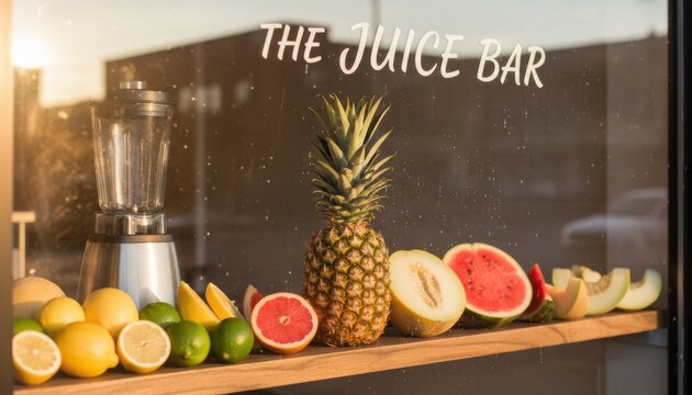 Fresh fruit and a blender sit at a juice bar counter symbolizing healthy lifestyle tropical flavor and summer beverage culture - Powered by Adobe