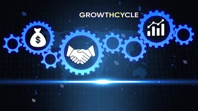 Business growth cycle concept with gears, handshake, money bag, and bar graph on a digital background with code and percentages