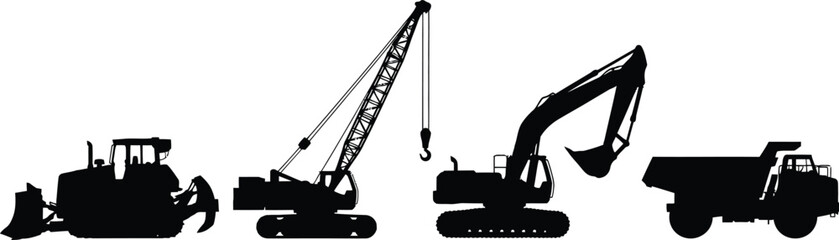Set of 4 heavy construction vehicles silhouette bulldozer crane excavator and dump truck side view