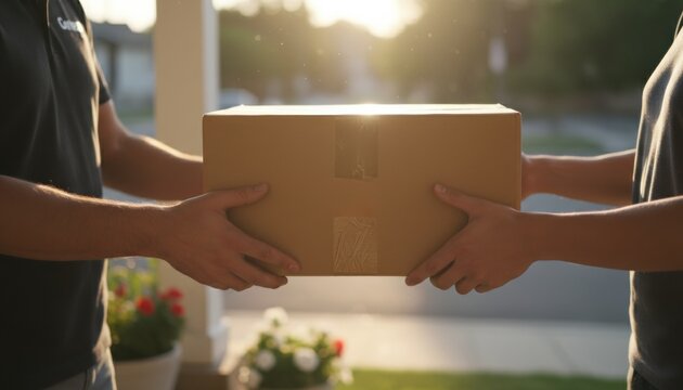 Courier in uniform delivering a cardboard parcel to a customer at a house door during a sunny evening symbolizing efficient shipping and last mile logistics