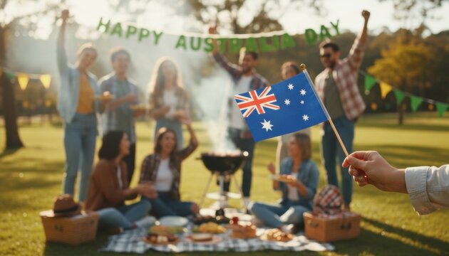 Hand holding a small Australian flag in the foreground of a blurred group of friends enjoying a barbecue picnic for Australia Day