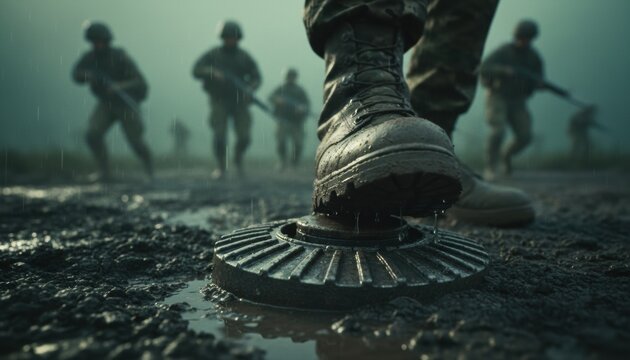 Close up of a soldiers muddy boot stepping on a buried round landmine or explosive device in a wet, foggy environment