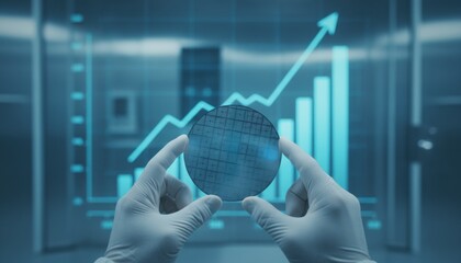 Person wearing sterile gloves presents a silicon wafer in front of a digital screen showing a rising bar chart and positive arrow