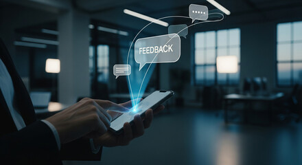 Person using smartphone for digital feedback and communication in modern office