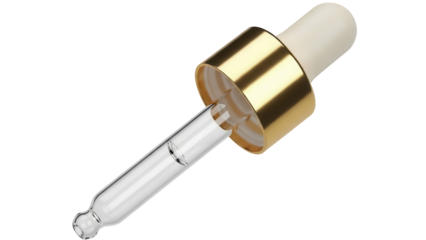 Golden dropper with glass pipette isolated PNG on transparent background, cosmetic serum applicator for beauty and pharmaceutical use