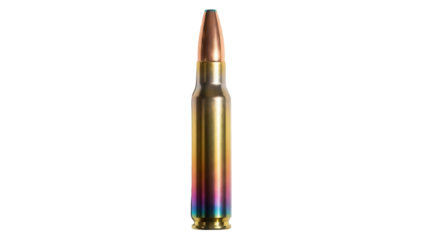 Iridescent 5 56mm NATO round isolated PNG, ammunition for AR-15 rifles and modern sporting rifles on transparent background