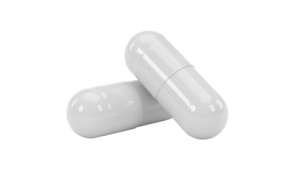 Two white capsule pills isolated PNG on transparent background, medication and healthcare concept for medical use and pharmaceutical industry