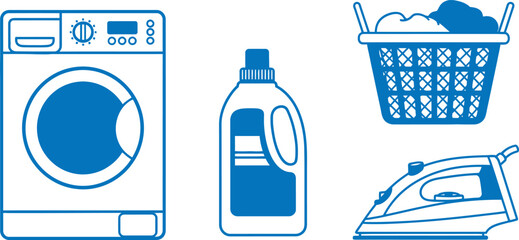 Set of 4 laundry items flat design washing machine laundry basket detergent bottle and iron